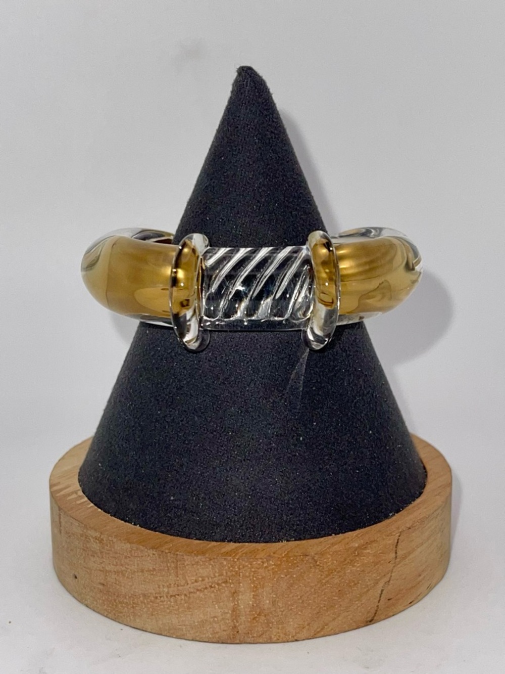 Amazing Vintage Textured Clear Glass Cuff Bracelet With Gold Bronze Accent